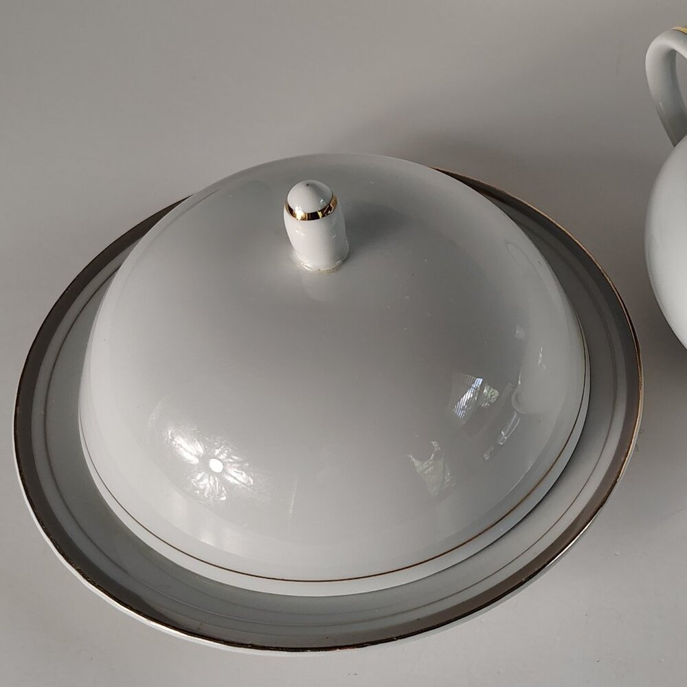 Golden Elegance Round Covered Butter Plate | by Royalton | White with Gold Bands